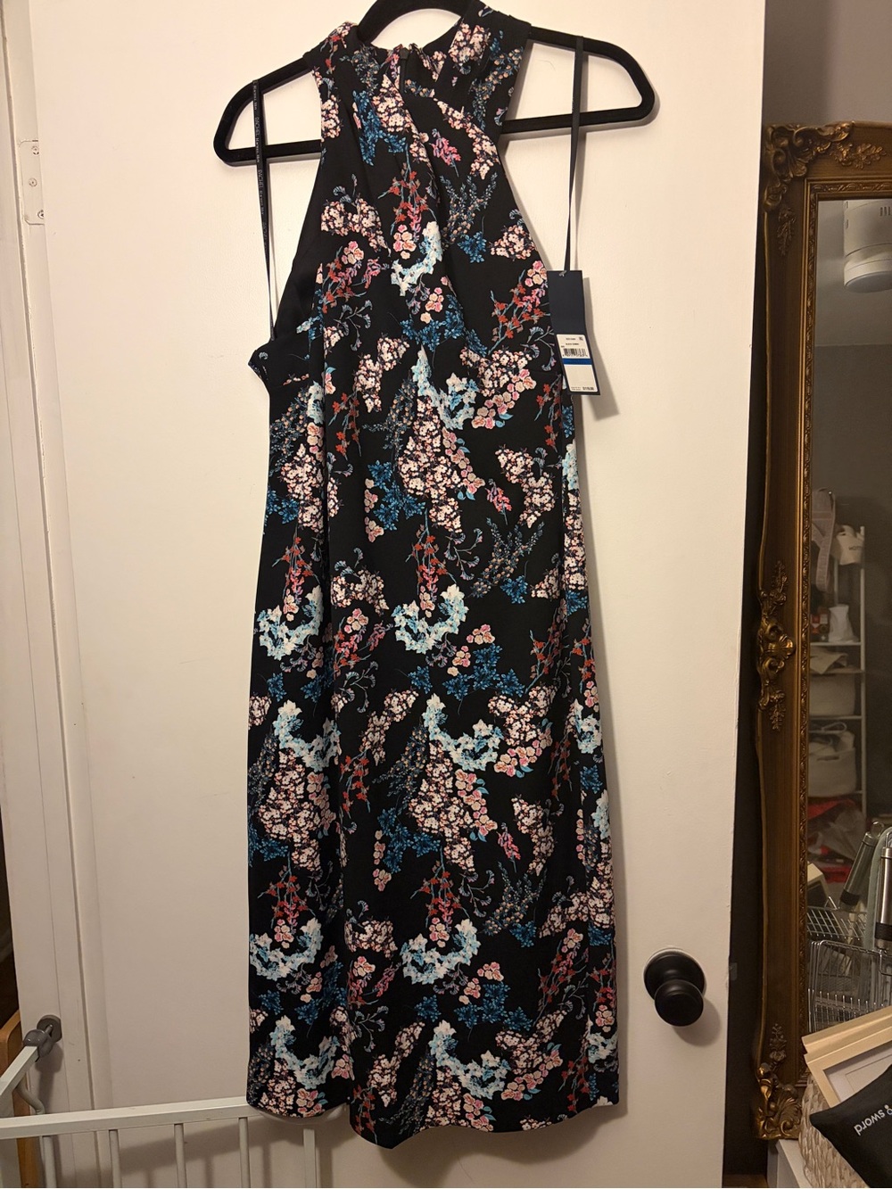 Floral Halter Midi Dress - Black with Blue & Pink Bloom